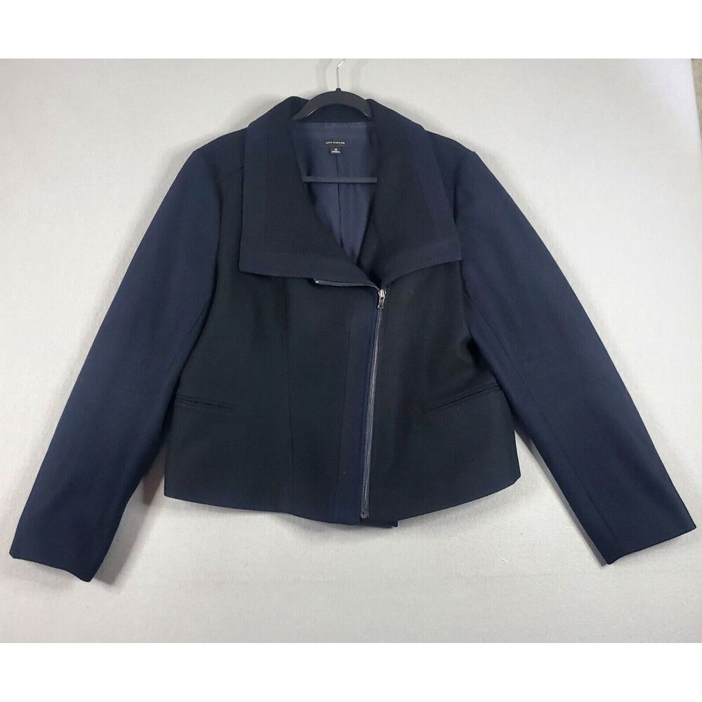 ANN TAYLOR Sz 18 Black & Midnight Blue Asymmetric Zip Wool Blend Moto Jacket